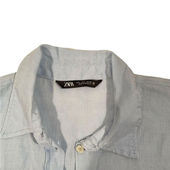 Zara Women's Size Large Linen Blue Button Down Long Sleeves Shirt Blouse - Picture 9 of 16